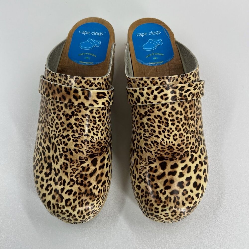 Cape Clogs Torpatoffeln Swedish Wooden Mules Size EU 39 US 8- 8.5 Leopard Print